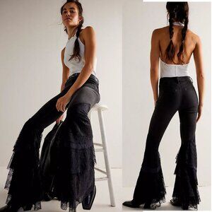 Free People Black Flare Pants with Dramatic Lace Overlay